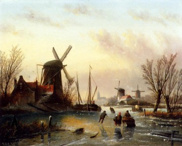 Une rivière gelée Paysage Bateaux Jan Jacob Coenraad Spohler Peinture à l'huile